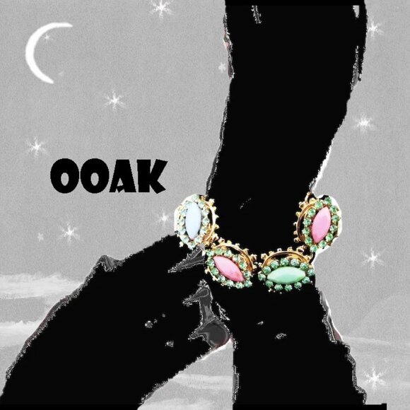 Retro Pastels Bracelet With Rhinestones, One of a Kind, Made Recycled Vintage - Picture 1 of 9